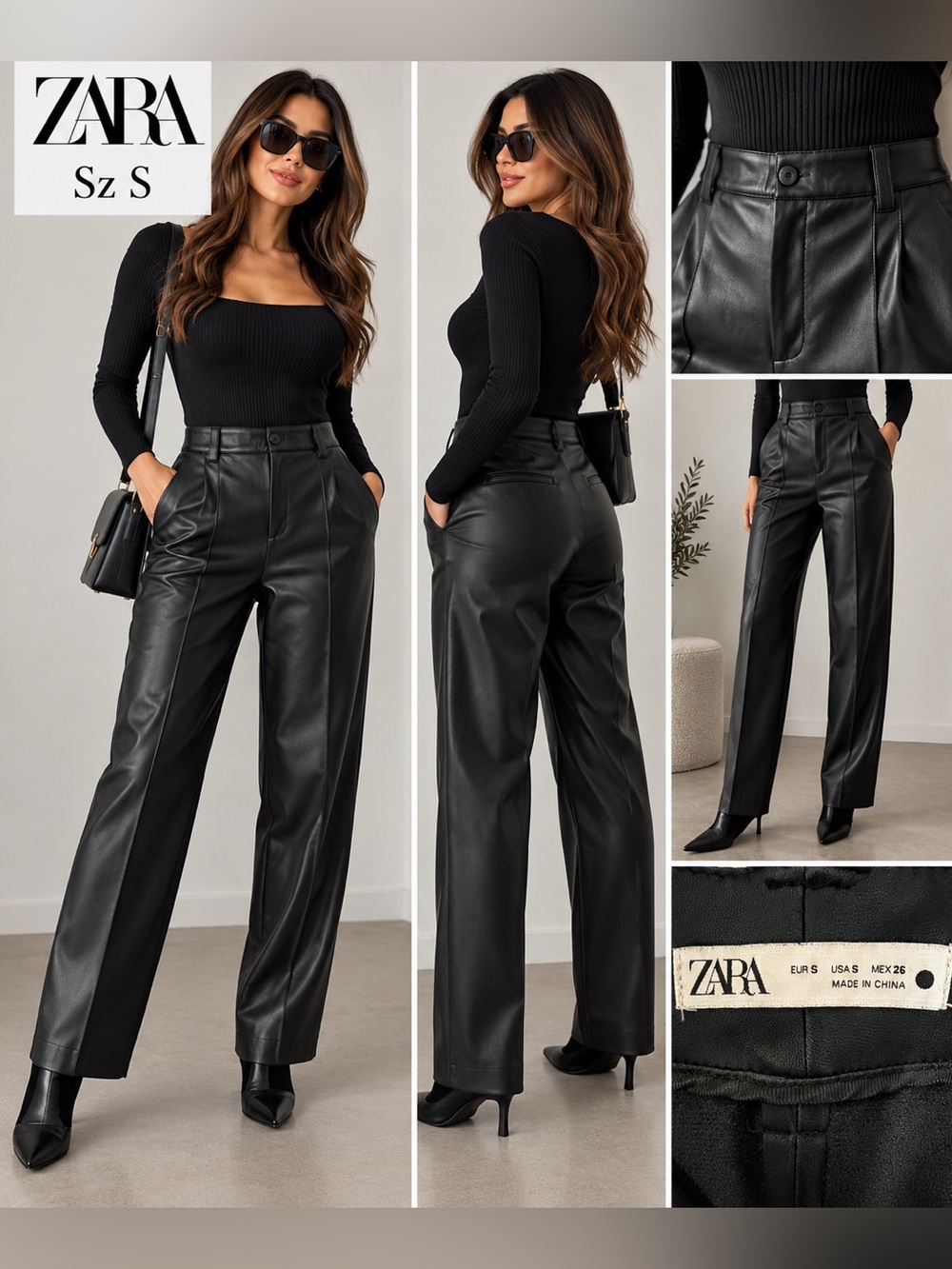 Zara Black Faux Leather Wide-Leg Pants. Sz S